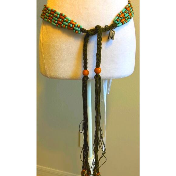 VTG Wood Beaded Boho Belt Fringe Hippie Chic Gypsy Blue Brown Long MUDD 90s - Picture 1 of 16